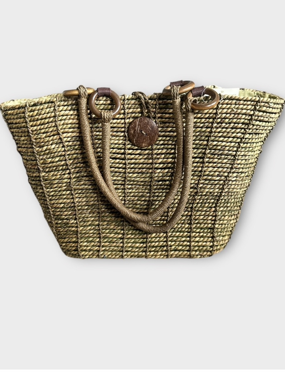 Unbranded Olive Green Woven Straw Tote Bag Wooden Ring Handles NWOT
